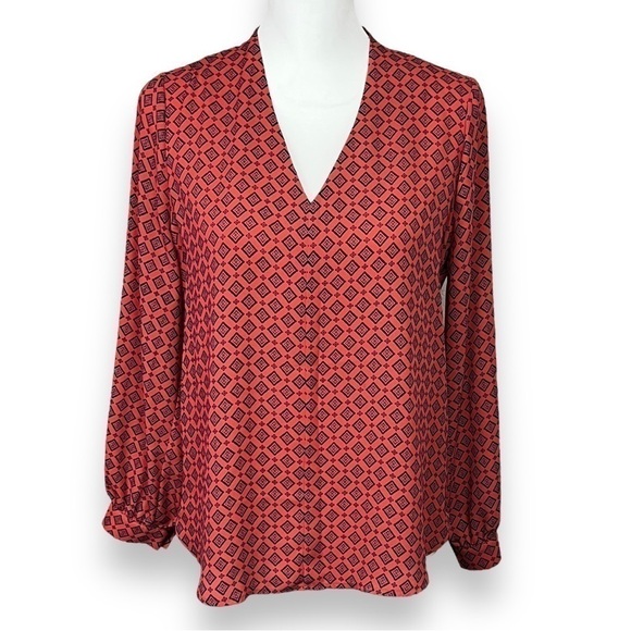 Pleione Coral And Navy Print V-Neck Blouse, Size X-Small Petite - Picture 1 of 7